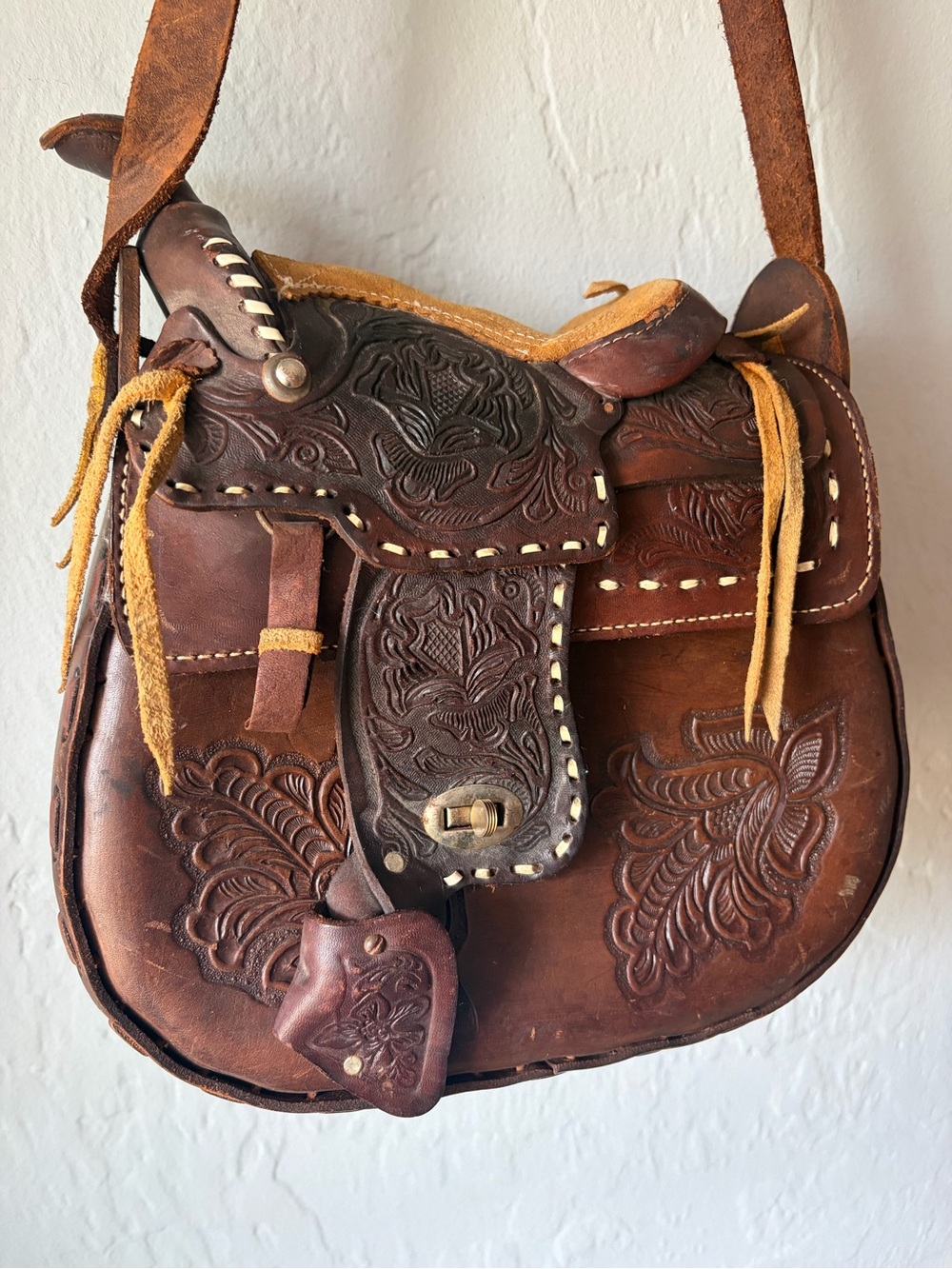 Vintage Tooled Leather Western Saddle Purse Cowgirl Boho Shoulder Bag